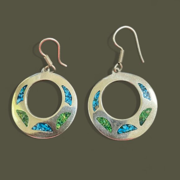 Vintage Taxco Mexico Sterling Silver Turquoise Inlay Large Round Hoop Earrings - Picture 1 of 5